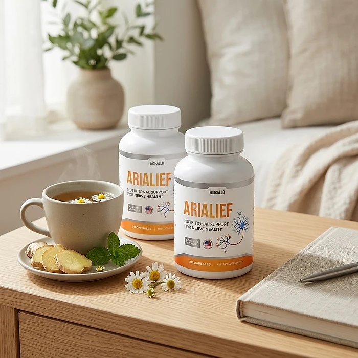 Two Arialief bottles on a wooden table beside a cup of chamomile tea, ginger slices, mint and a notebook