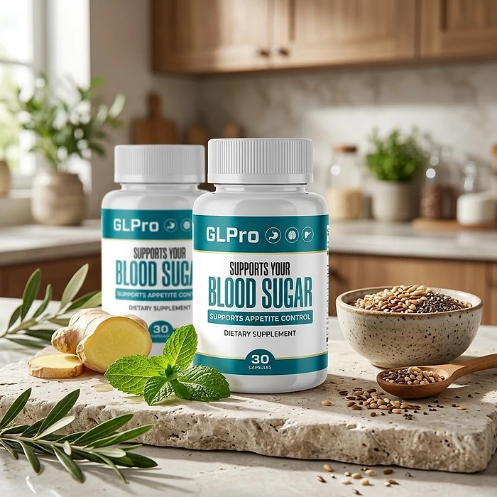 Two GLPro bottles on a stone slab beside ginger, mint, olive leaves and a bowl of seeds