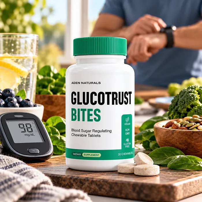 A GlucoTrust Bites bottle on a kitchen counter beside chewable tablets, spinach, broccoli, nuts, blueberries and a glucose meter