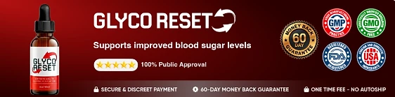 GlycoReset: GMP, GMO-free, FDA-registered and USA badges with a 60-day money-back guarantee