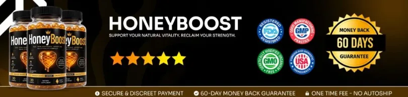 HoneyBoost: FDA-registered, GMP, GMO-free, USA and 60-day money-back guarantee badges