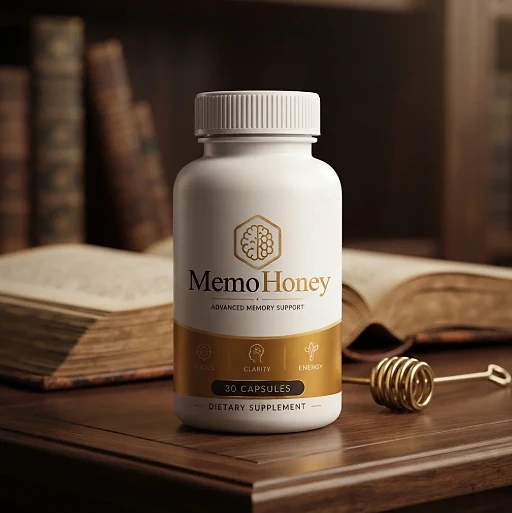 MemoHoney bottle on a wooden table in front of an open book