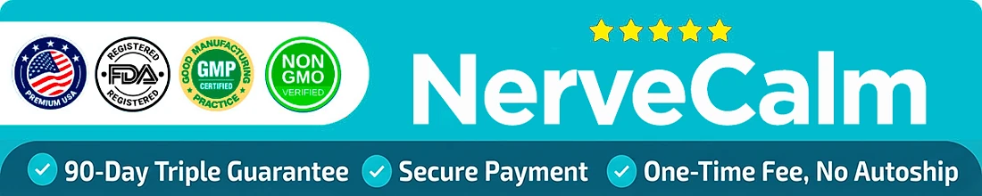 NerveCalm: premium USA, FDA-registered, GMP-certified and non-GMO badges with a 90-day guarantee