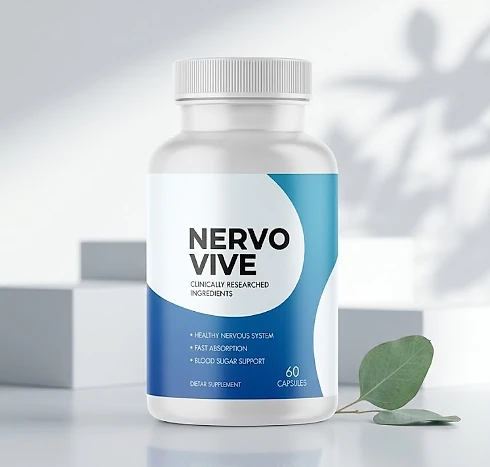 Nervovive bottle on a white surface beside a eucalyptus leaf