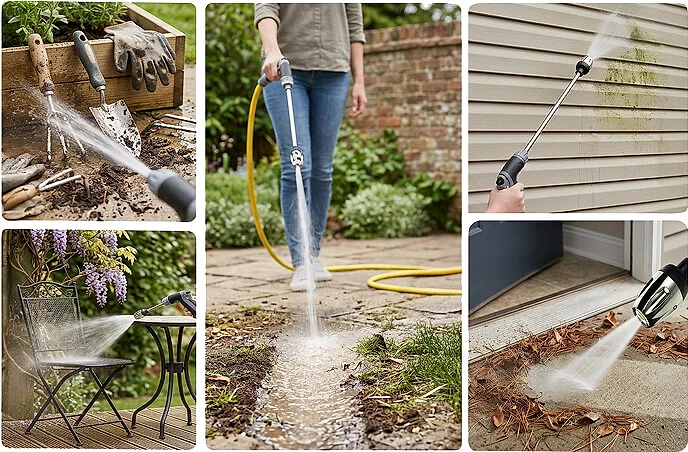 Power Blast Plus wand cleaning garden tools, a patio, siding, outdoor furniture and a doorstep