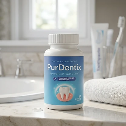 PurDentix bottle on a bathroom counter beside a sink, toothbrushes and a folded towel