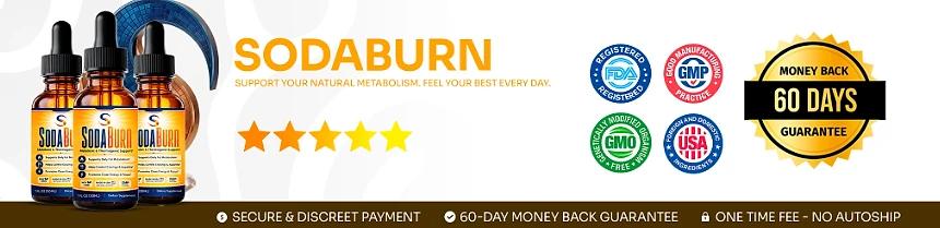 SodaBurn: FDA-registered, GMP, GMO-free and USA badges with a 60-day money-back guarantee