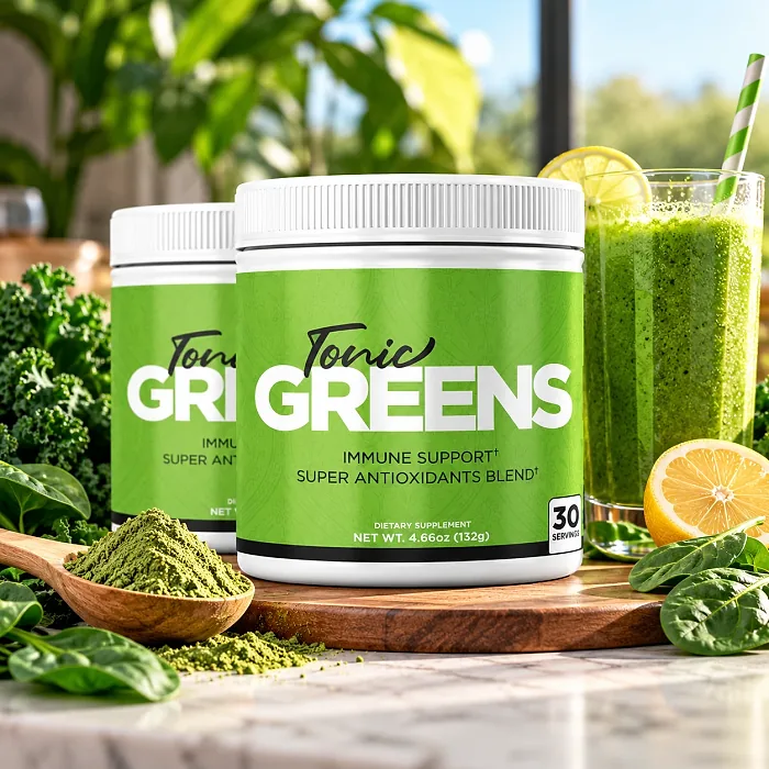 Two Tonic Greens jars on a marble counter beside a green smoothie, kale, spinach, lemon and a scoop of powder